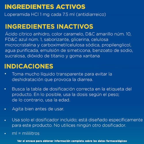 Lista de ingredientes e instrucciones de IMODIUM® Solución Oral Antidiarreica.
