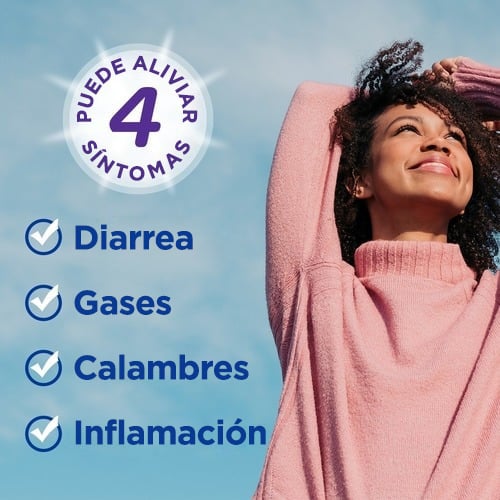 Lista de síntomas que IMODIUM® puede aliviar, como la diarrea, los gases, los calambres y la inflamación.