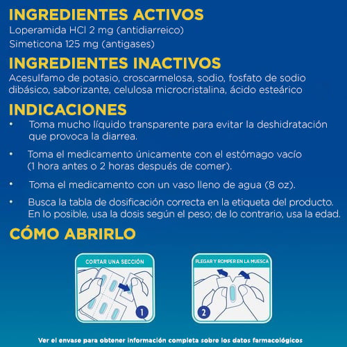 Lista de ingredientes e instrucciones de IMODIUM® Multi-Symptom Antidiarreico.